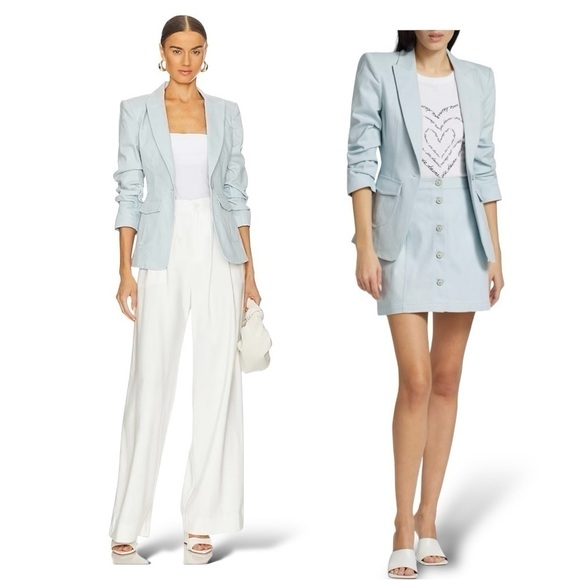 Cinq a Sept Louisa Peak Stretch Fitted Ruched Sleeve Denim Blazer Size 4 NEW - Picture 3 of 11